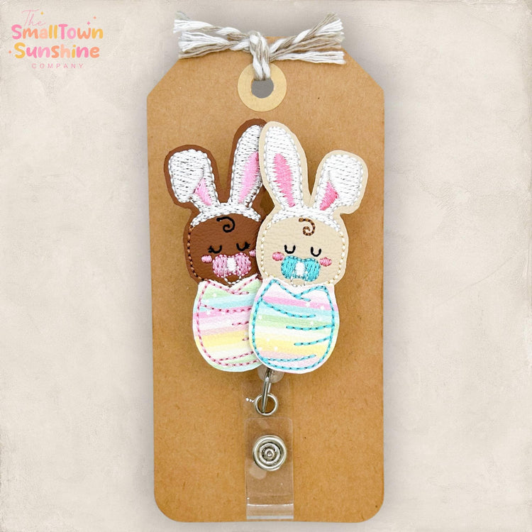 Swaddled Bunny Babies Retractable Badge Reel: L & D Id Holder, NICU Name Tag, Topper, Coworker Gift, Lanyard, MRI Safe, Heavy Duty Options