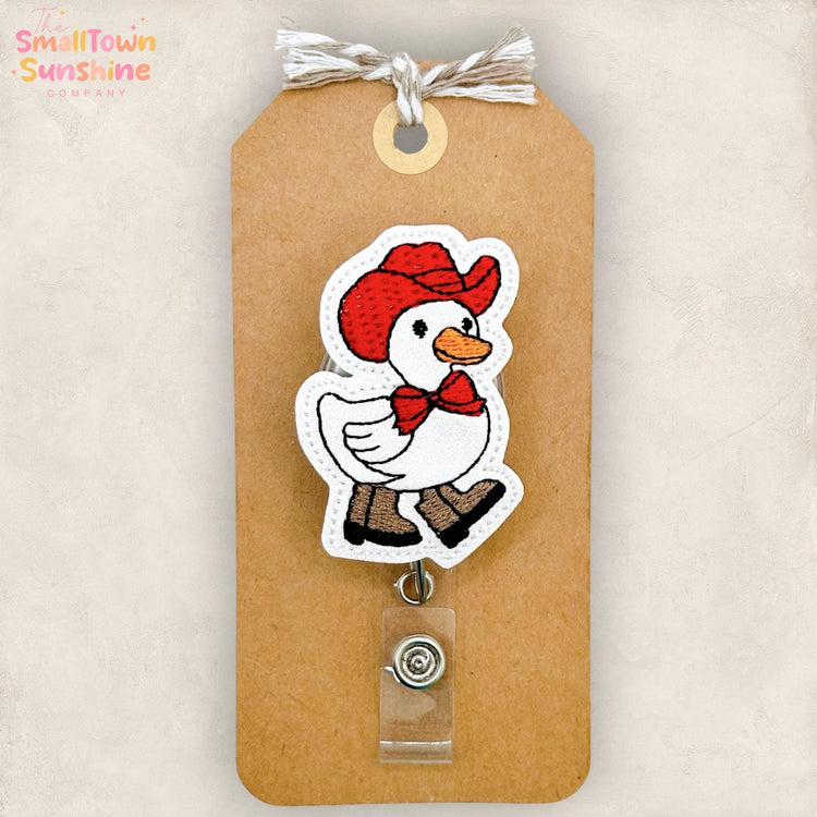 Western Goose with Bow Retractable Badge Reel: Bird ID Holder, Name Tag, Topper, Coworker Gift, Lanyard, MRI Safe, Heavy Duty | GLITTER