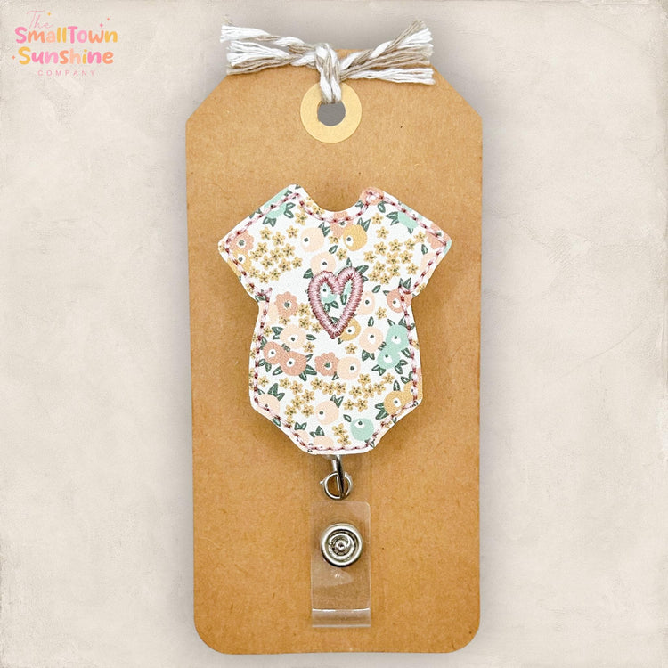 Neutral Floral Baby Bodysuit Badge Reel, L & D Badge Reel, NICU Badge Clip, Doula Lanyard, Coworker Gift, Name Tag, Retractable ID Holder