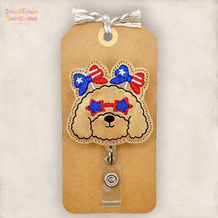 Patriotic Dog Retractable Badge Reel: Fourth of July ID Holder, Name Tag, Topper, Coworker Gift, Lanyard, MRI Safe, Heavy Duty Options