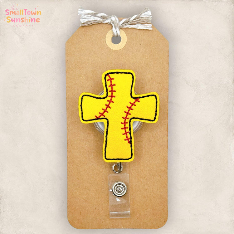 Softball Cross Retractable Badge Reel: ID Holder, Name Tag, Swappable Topper, Coworker Gift, Lanyard, MRI Safe, Heavy Duty Options