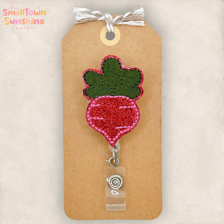 Beet Retractable Badge Reel: Vegetable ID Holder, Name Tag, Swappable Topper, Coworker Gift, Lanyard, MRI Safe, Heavy Duty Options | GLITTER