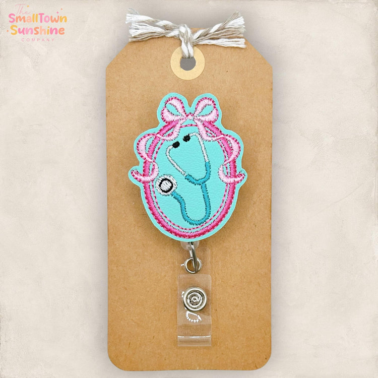 Stethoscope Bow Cameo Retractable Badge Reel: ID Holder, Name Tag, Swappable Topper, Coworker Gift, Lanyard, MRI Safe, Heavy Duty Options