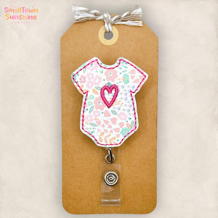 Pink Floral Baby Bodysuit Badge Reel, L & D Badge Reel, NICU Nurse Badge Clip, Doula Lanyard, Coworker Gift, Name Tag, Retractable ID Holder