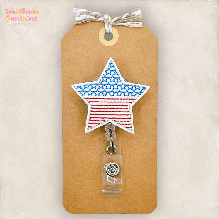 American Flag Star Retractable Badge Reel: Patriotic ID Holder, Name Tag, Coworker Gift, Lanyard, MRI Safe, Heavy Duty Option | GLITTER