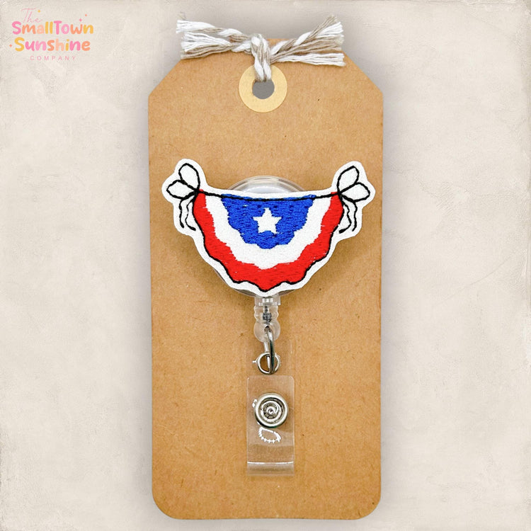 Americana Bunting Retractable Badge Reel: Patriotic ID Holder, Name Tag, Topper, Coworker Gift, Lanyard, MRI Safe, Heavy Duty | GLITTER