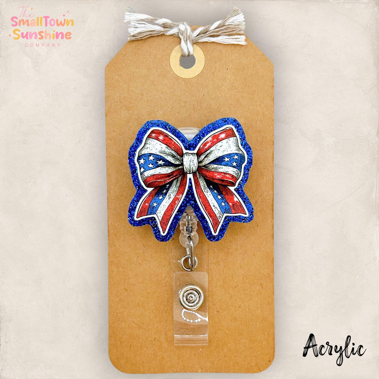 Fourth of July Bow Retractable Badge Reel: ID Holder, Name Tag, Topper, Coworker Gift, Lanyard, MRI Safe, Heavy Duty Options | ACRYLIC