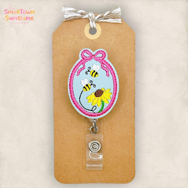 Sunflower & Bee Cameo Retractable Badge Reel: ID Holder, Name Tag, Swappable Topper, Coworker Gift, Lanyard, MRI Safe, Heavy Duty Options