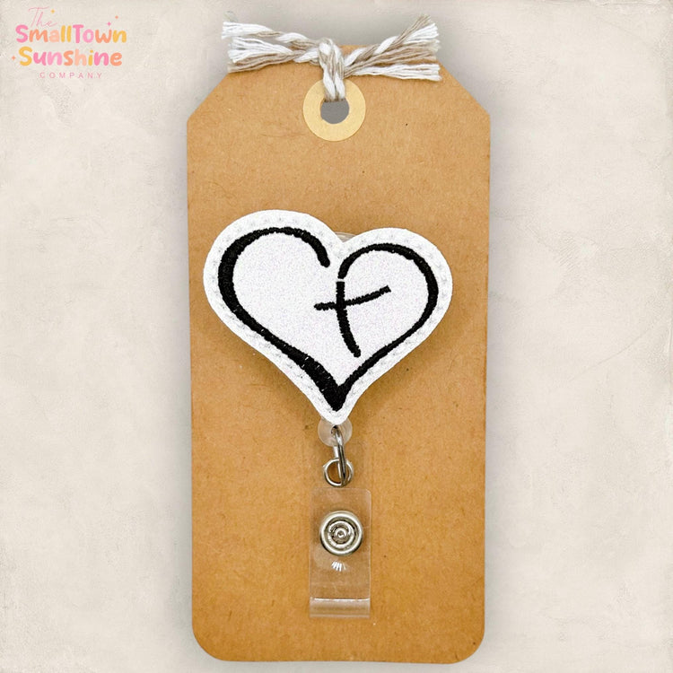 Cross Heart Retractable Badge Reel: Faith ID Holder, Name Tag, Topper, Coworker Gift, Lanyard, MRI Safe, Heavy Duty Options | GLITTER