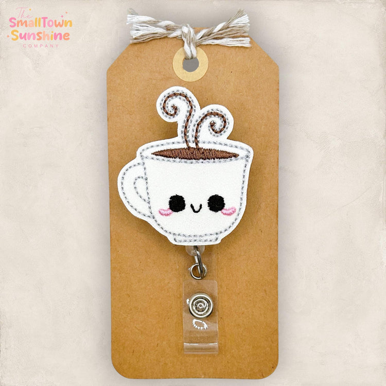 Steaming Coffee Cup Retractable Badge Reel: ID Holder, Name Tag, Topper, Coworker Gift, Lanyard, MRI Safe, Heavy Duty Options | GLITTER