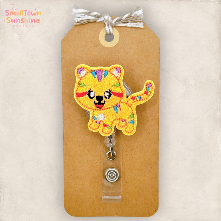 Rainbow Tiger Retractable Badge Reel: ID Holder, Name Tag, Swappable Topper, Coworker Gift, Lanyard, MRI Safe, Heavy Duty Options | GLITTER