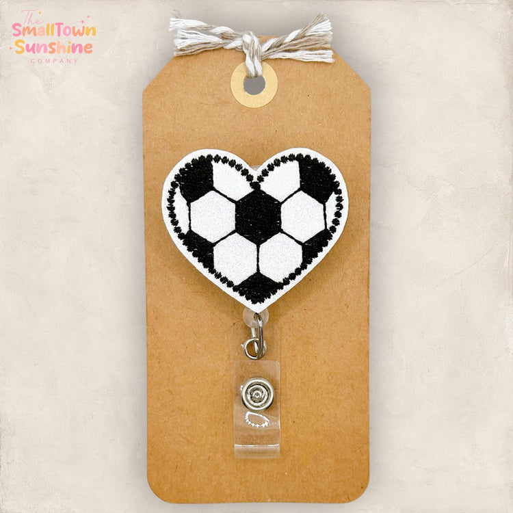 Soccer Heart Retractable Badge Reel: Sport ID Holder, Name Tag, Topper, Coworker Gift, Lanyard, MRI Safe, Heavy Duty Options | GLITTER