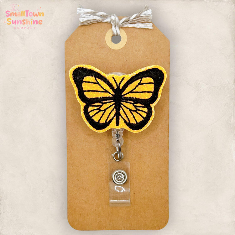 Orange Monarch Retractable Badge Reel: Butterfly ID Holder, Bug Name Tag, Topper, Coworker Gift, MRI Safe, Heavy Duty Options | GLITTER