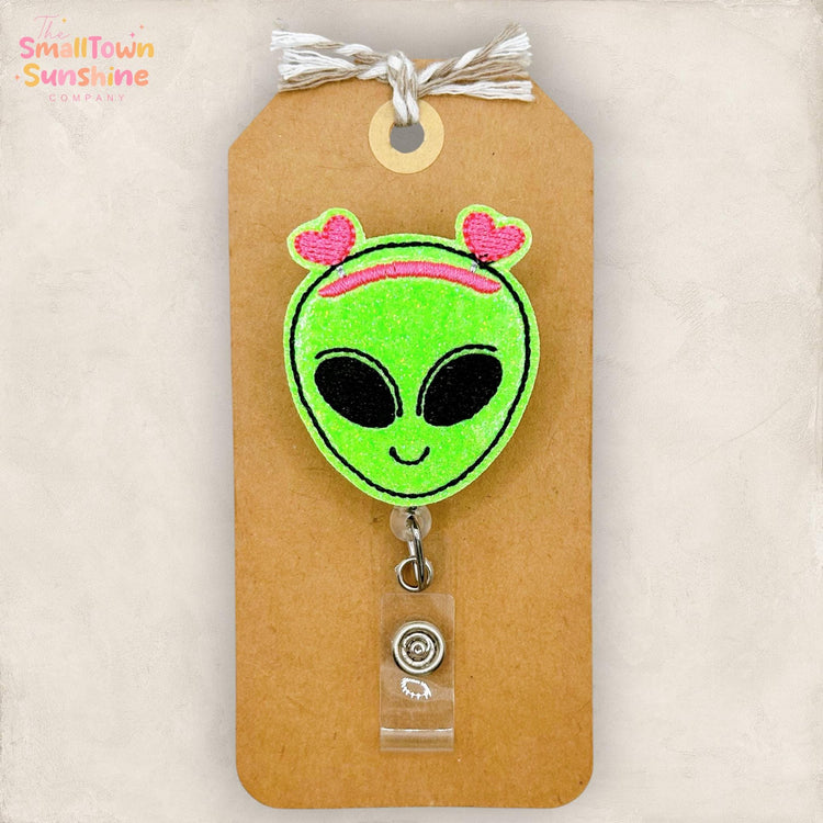 Cute Alien Face Retractable Badge Reel: ID Holder, Name Tag, Topper, Coworker Gift, Lanyard, MRI Safe, Heavy Duty Options | GLITTER