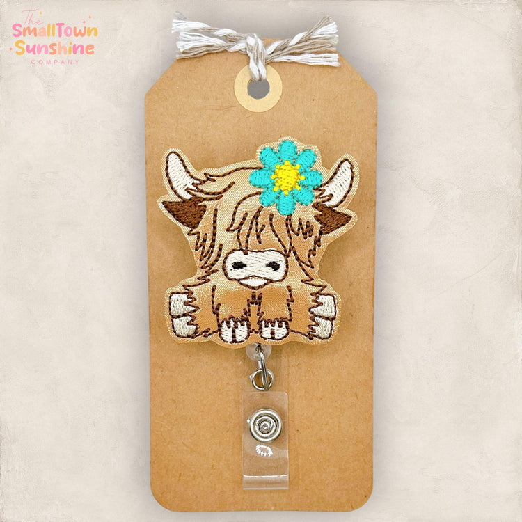 Blue Flower Highland Cow Retractable Badge Reel: Animal ID Holder, Name Tag, Topper, Coworker Gift, Lanyard, MRI Safe, Heavy Duty Options