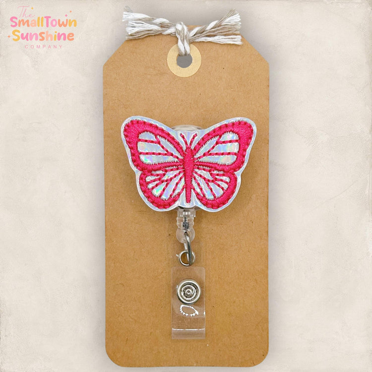 Bright Pink Butterfly Retractable Badge Reel: Insect ID Holder, Name Tag, Swappable Topper, Coworker Gift, Lanyard, MRI Safe, Heavy Duty