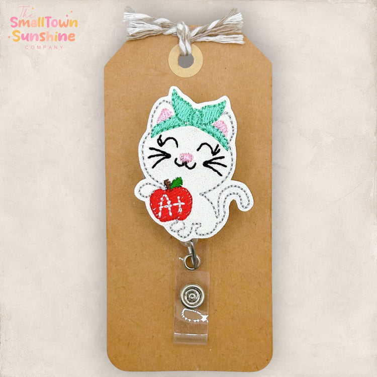 A+ School Cat Retractable Badge Reel: Teacher ID Holder, Name Tag, Swappable Topper, Coworker Gift, Lanyard, MRI Safe, Heavy Duty | GLITTER