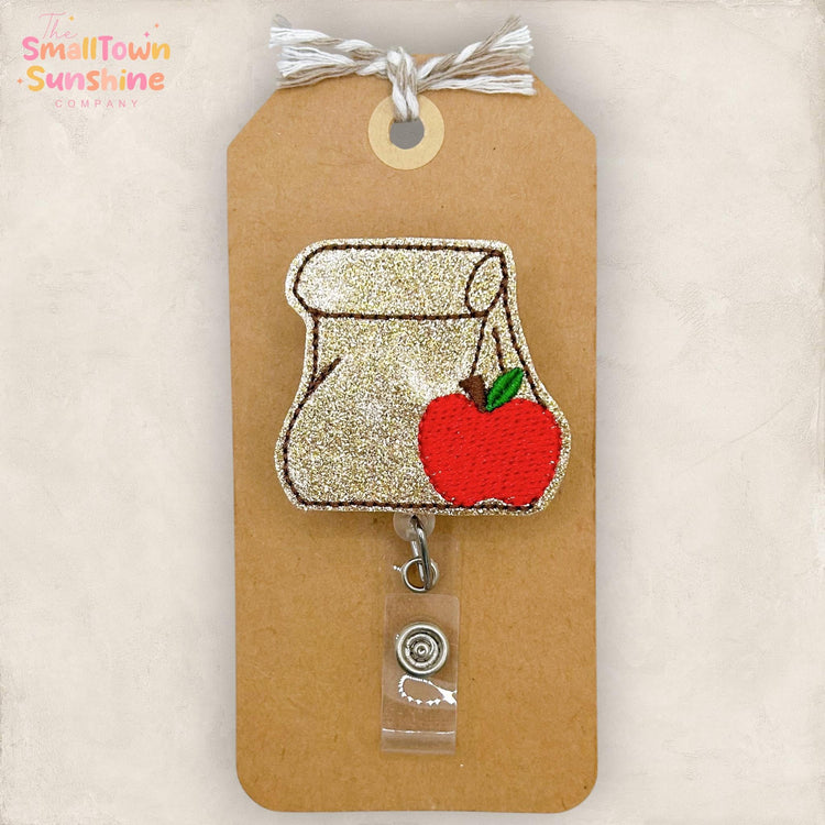 Brown Lunch Bag Retractable Badge Reel: ID Holder, Name Tag, Swappable Topper, Coworker Gift, Lanyard, MRI Safe, Heavy Duty | GLITTER