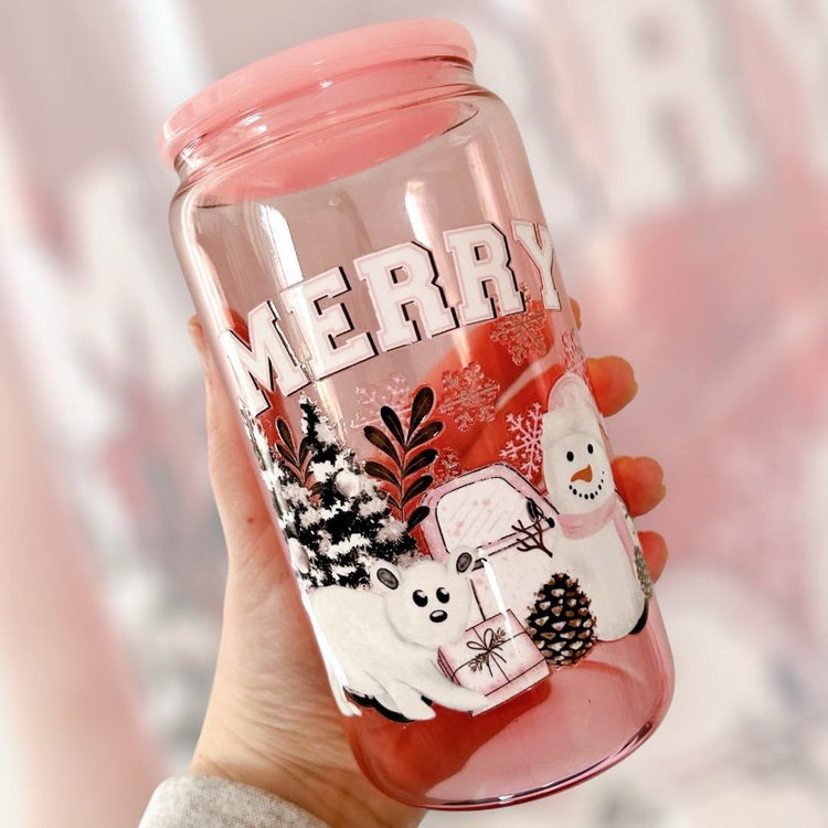 Merry Pink Glass Can Cup with an adorable Snowy Scene, lid & straw included