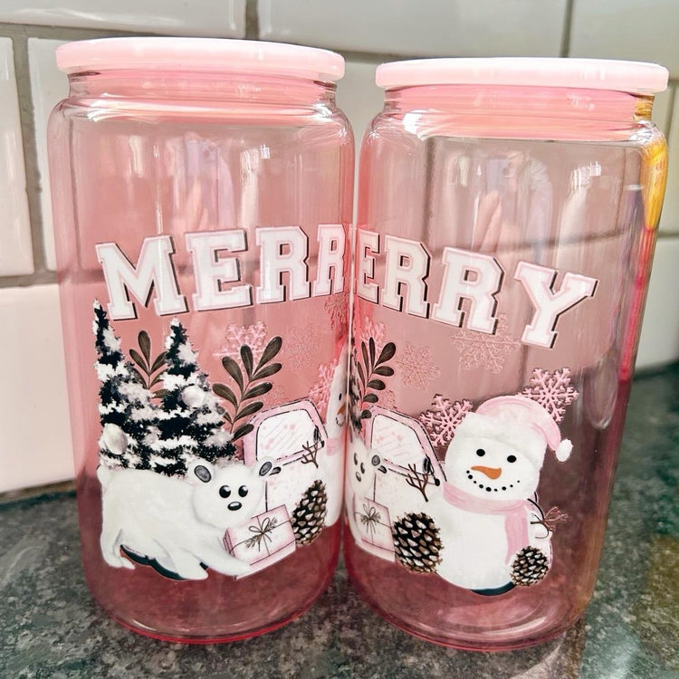 Merry Pink Glass Can Cup with an adorable Snowy Scene, lid & straw included