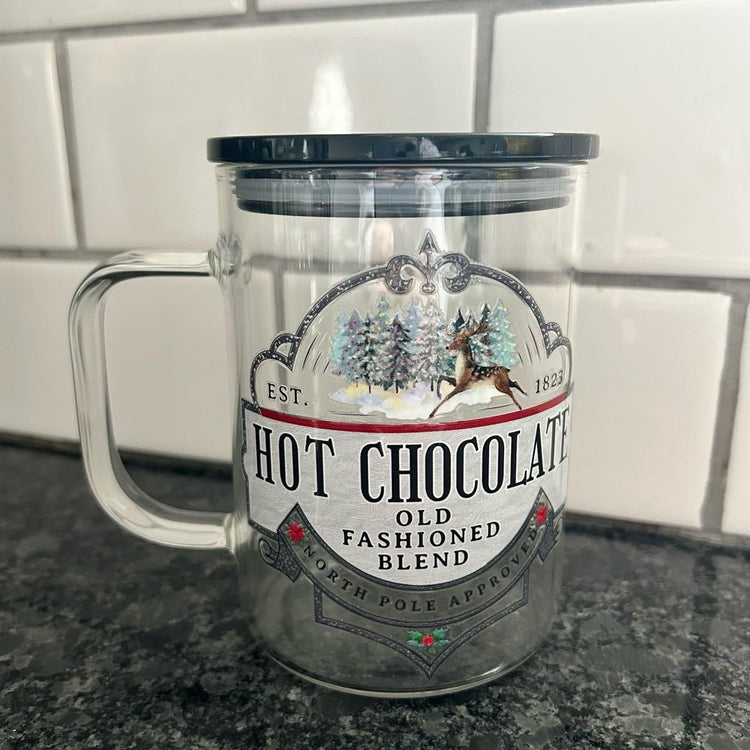 North Pole Approved Hot Chocolate Glass Mug, Plastic Lid & Straw Included