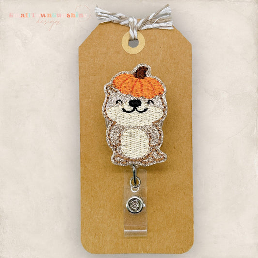 Pumpkin Otter Badge Reel, Fall Badge Reel, Nurse Badge Holder, Teacher Lanyard, Badge Buddy, Coworker Gift, Retractable ID Holder | GLITTER