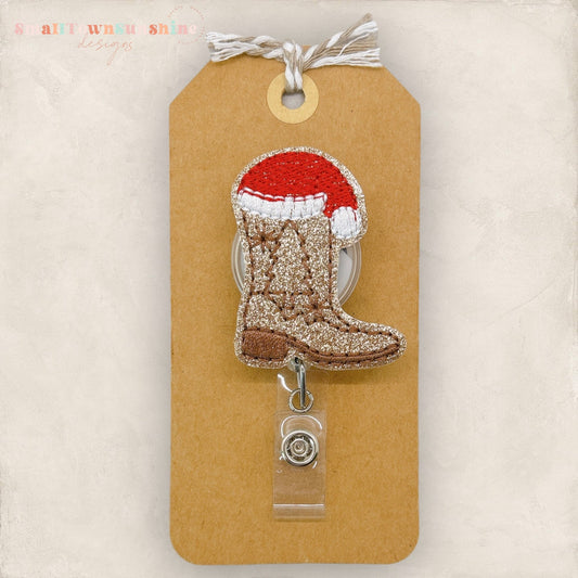 Christmas Cowboy Boot Badge Reel, Western Badge Reel, Nurse Badge Clip, Teacher Lanyard, Coworker Gift, Retractable ID Holder | GLITTER