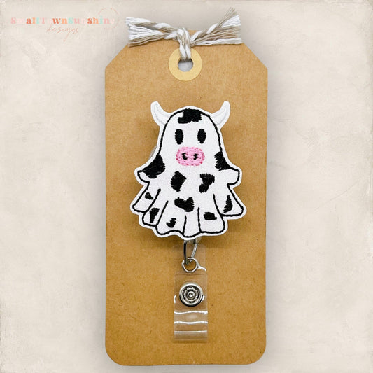 Cow Ghost Badge Reel, Halloween Badge Clip, Nurse Badge Reel, Teacher Lanyard, Coworker Gift, Retractable ID Badge Holder | GLITTER