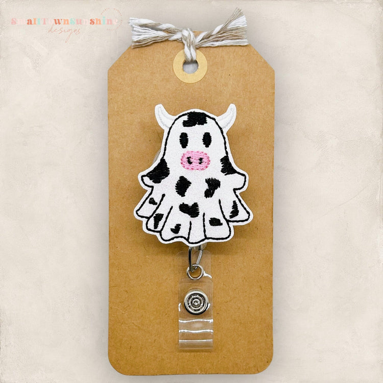 Cow Ghost Badge Reel, Halloween Badge Clip, Nurse Badge Reel, Teacher Lanyard, Coworker Gift, Retractable ID Badge Holder | GLITTER