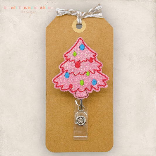 Pink Christmas Tree Badge Reel, Tree with Lights Name Tag, Nurse Badge Clip, Teacher Lanyard, Coworker Gift, Retractable ID Holder | GLITTER