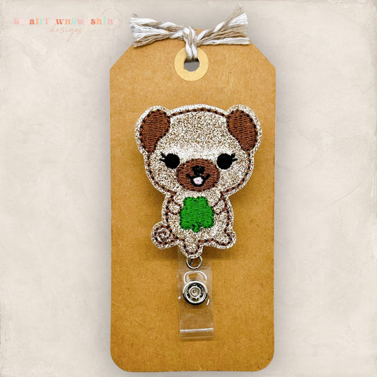 Pug with Clover Badge Topper