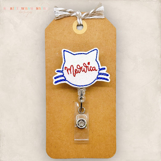 patriotic meowica cat face badge reel