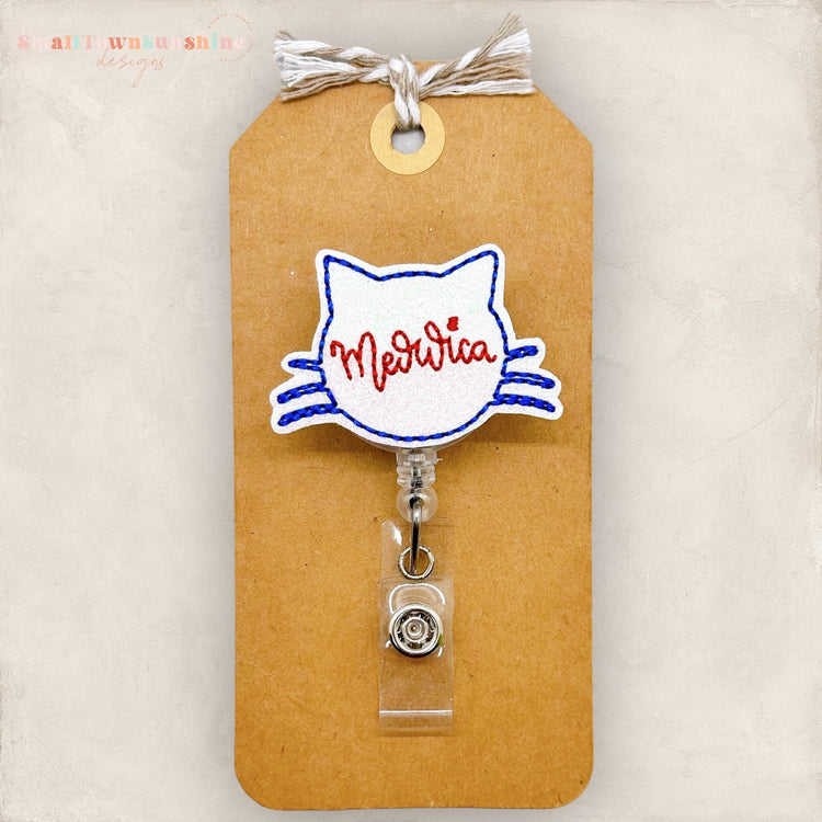 patriotic meowica cat face badge reel
