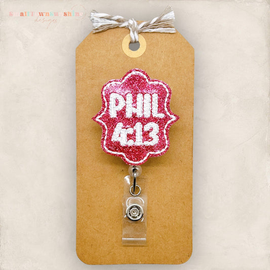 philippians 4:13 embroidered badge reel