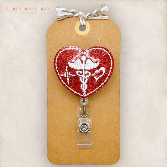 caduceus red heart embroidered badge reel