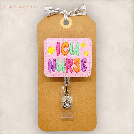 icu nurse with pink background and pastel lettering badge reel