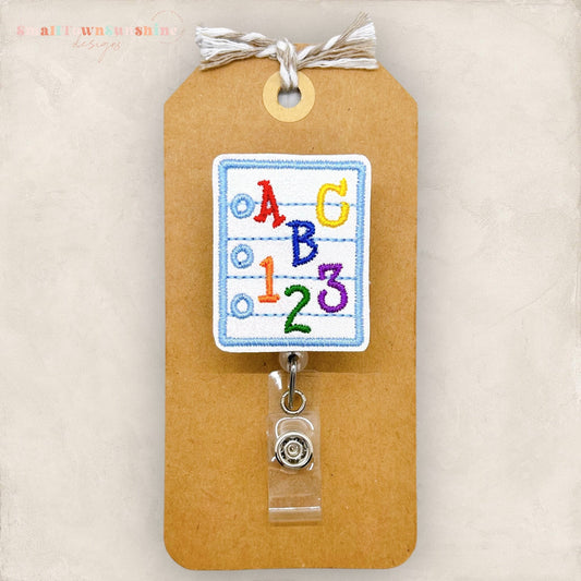 cute teacher badge reel, abc&#39;s and 123&#39;s