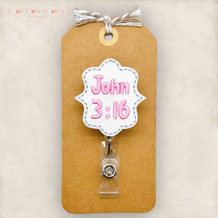 john 3:16 embroidered badge reel