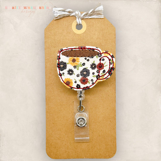 floral coffee mug badge reel