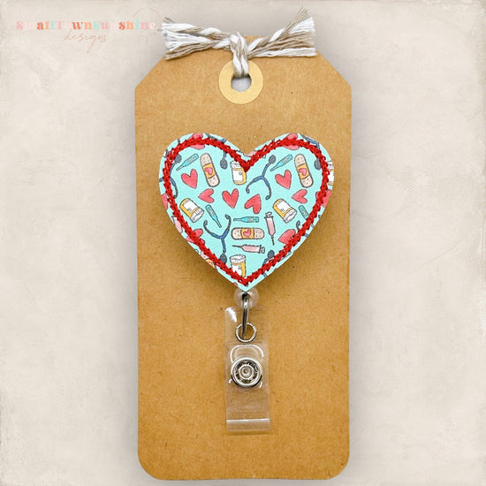 medical supplies print, heart shaped badge reel