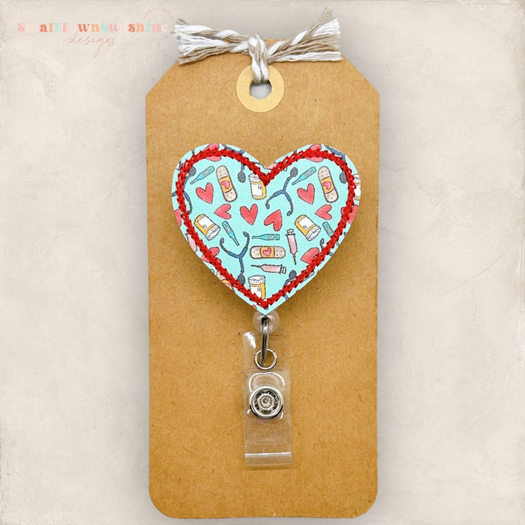 medical supplies print, heart shaped badge reel