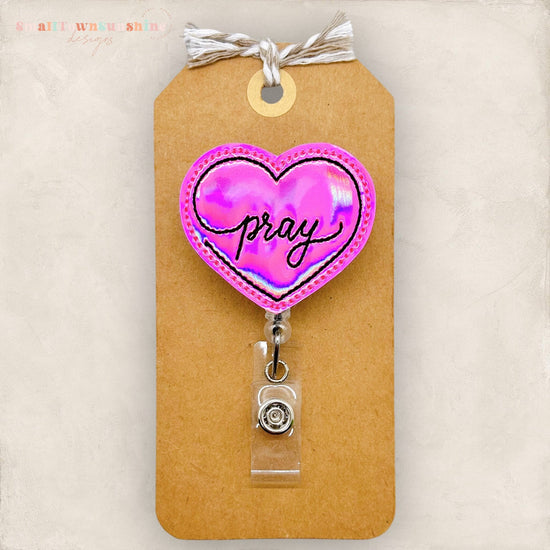 pray heart stitched on pink holographic vinyl badge reel