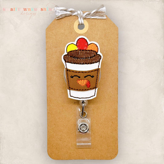 coffee cup with turkey face and tail feathers badge reel cover