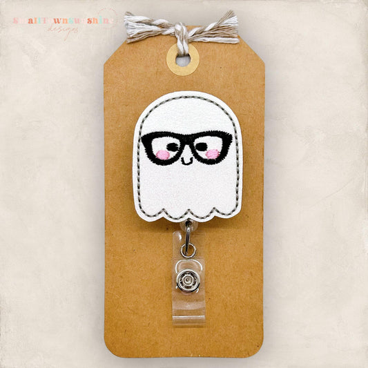 ghost with thick black glasses badge reel
