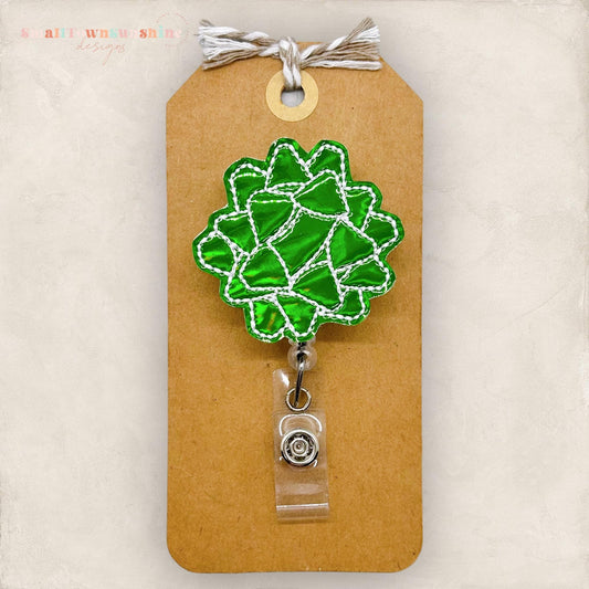 Green Christmas Present Bow Badge Topper