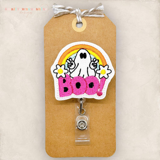 groovy peace finger ghost with daisies, a rainbow over word boo for a badge reel