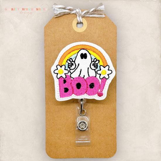 groovy peace finger ghost with daisies, a rainbow over word boo for a badge reel