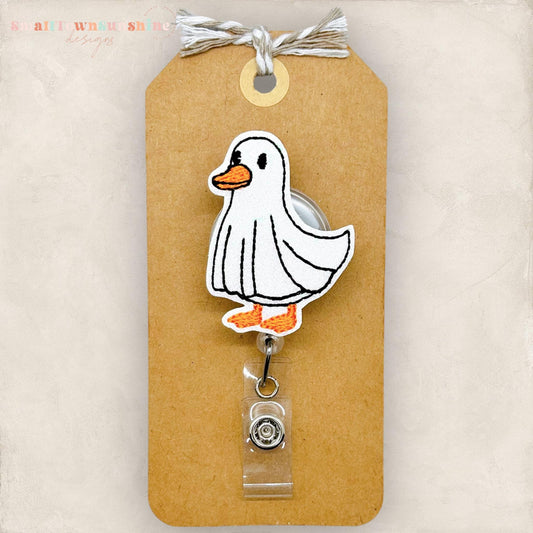 goose dressed as a ghost badge reel topper