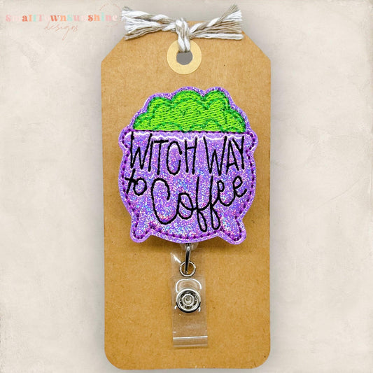 punny purple halloween  cauldron embroidered badge reel