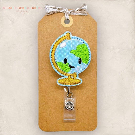 cute world globe embroidered badge reel